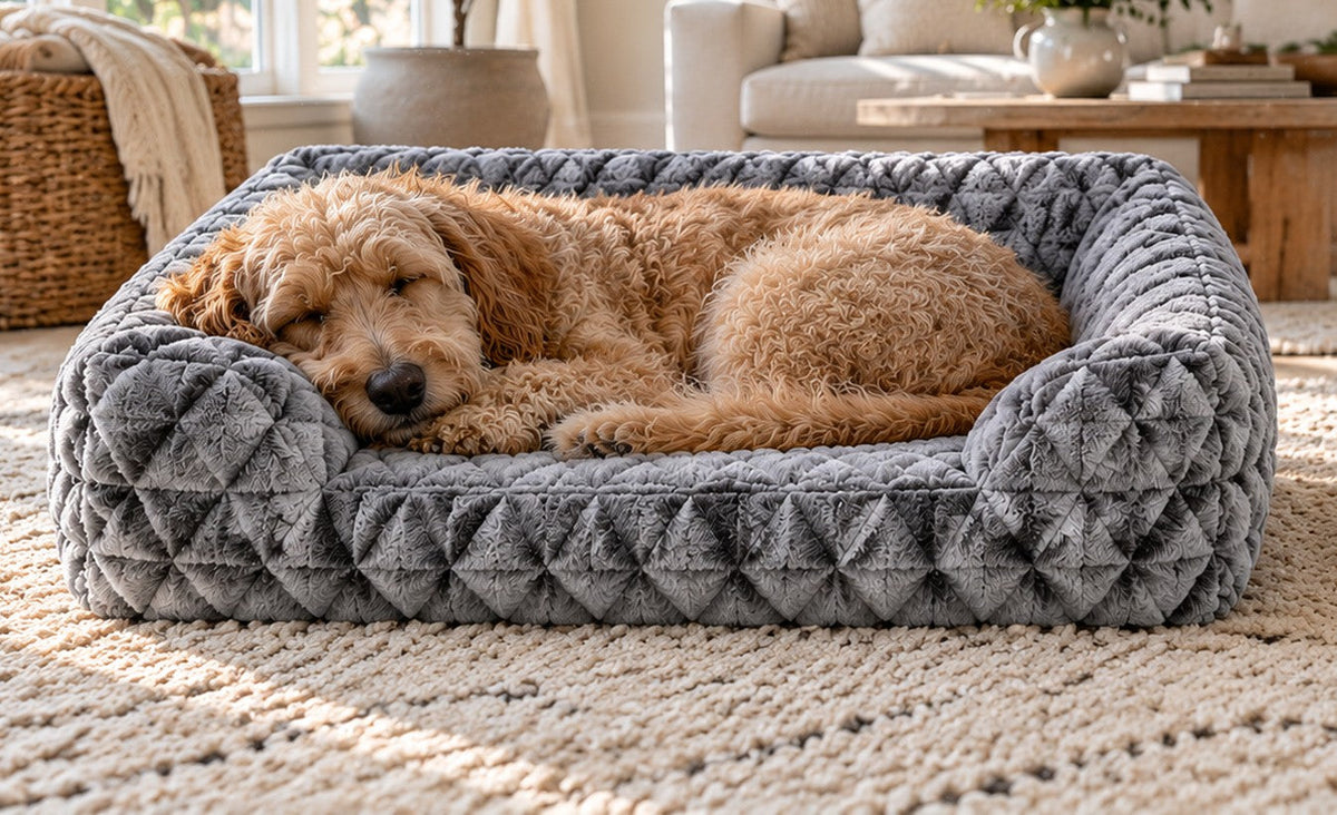 A dog napping in a plush WAFA bed