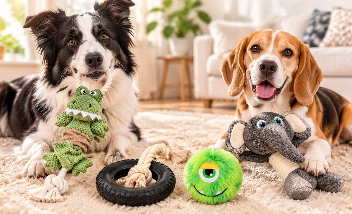 Dogs playing with WAFA plush toys