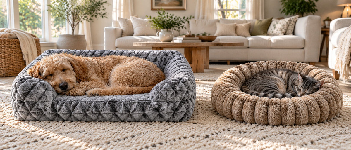 Golden doodle asleep in a WAFA gray sofa bed and tabby cat asleep in a WAFA faux fur bed