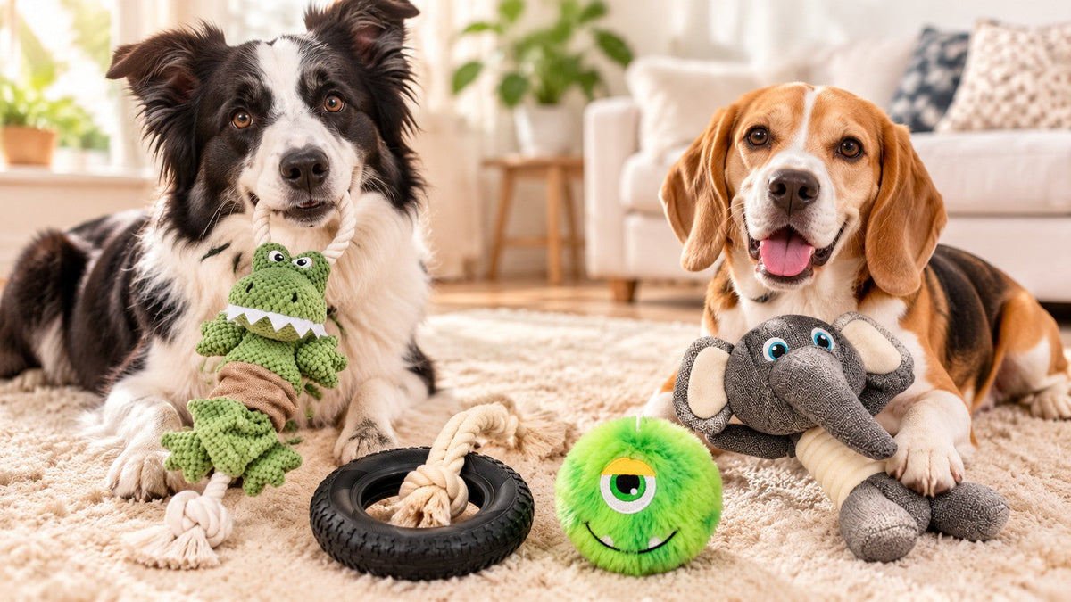Border collie with a WAFA crocodile rope toy and beagle with a WAFA elephant plush, tire toy and monster ball on the rug
