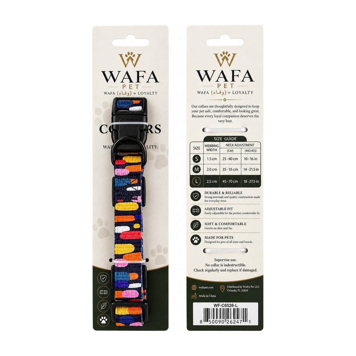 WAFA Confetti dog collar, navy, on retail card