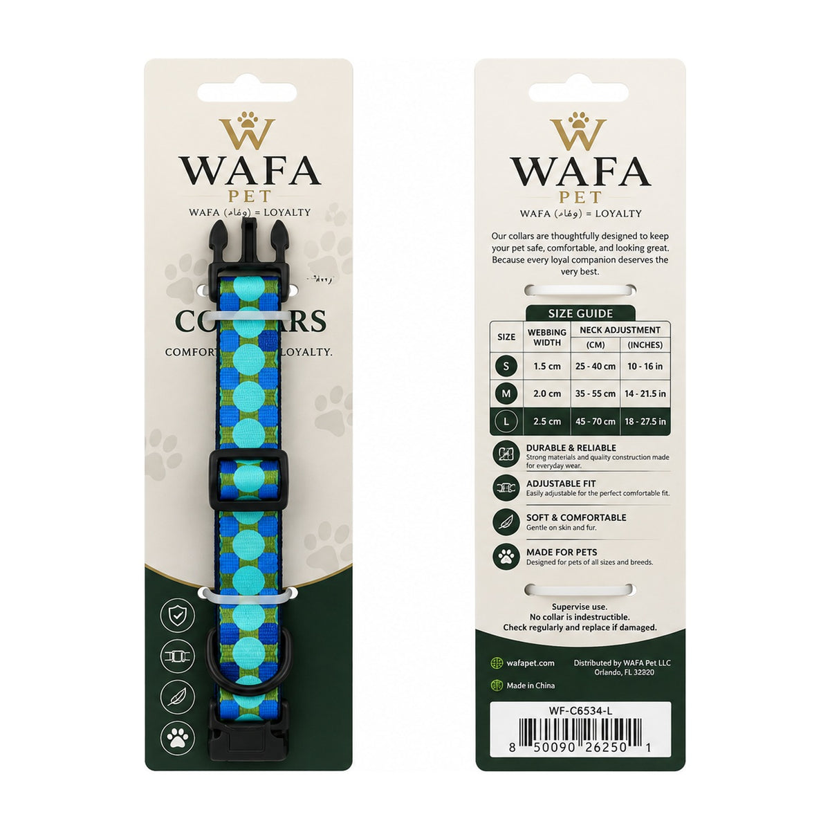WAFA Big Dot dog collar, blue and teal, on retail card