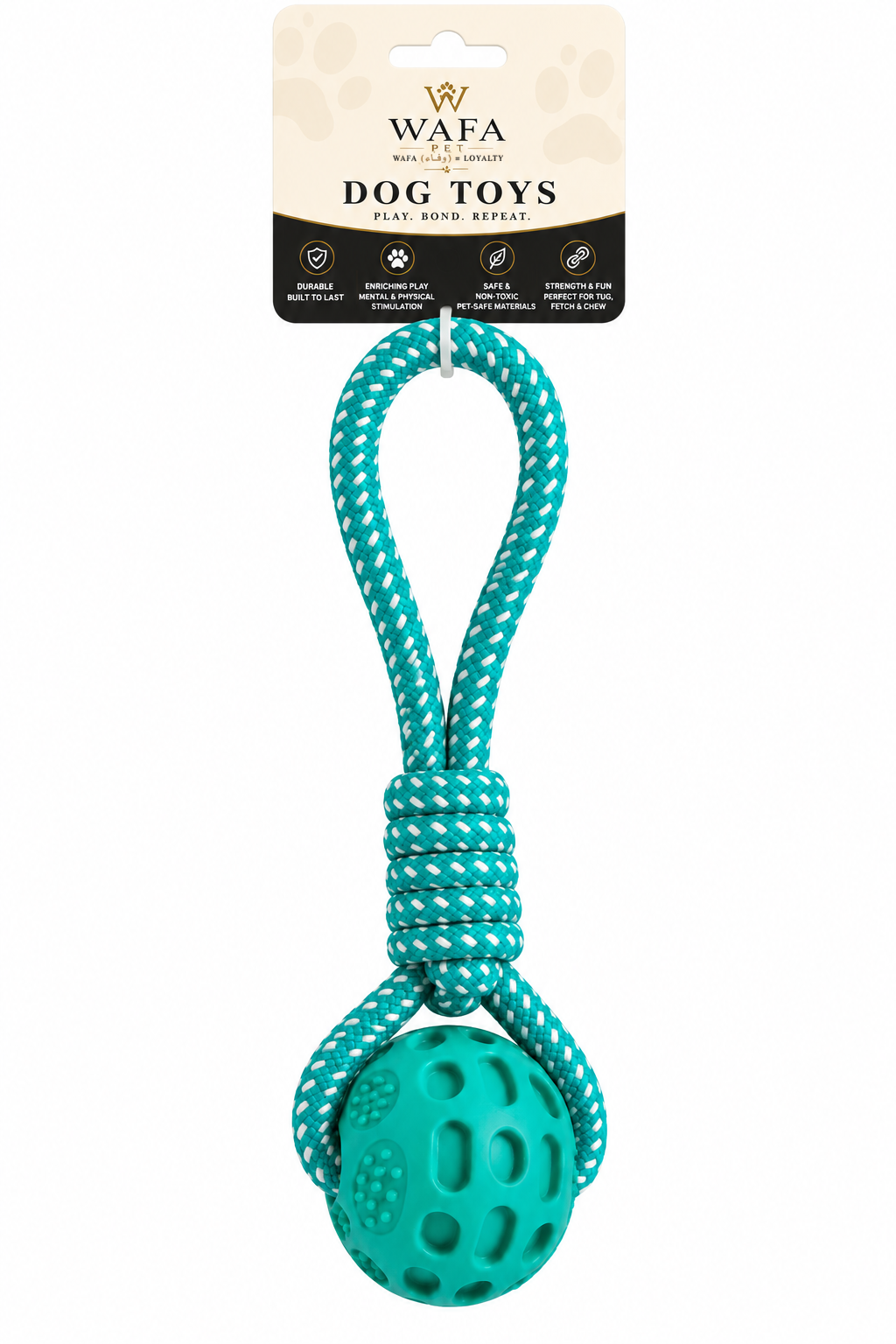 WAFA teal rope tug toy with TPR treat ball, 14 inch