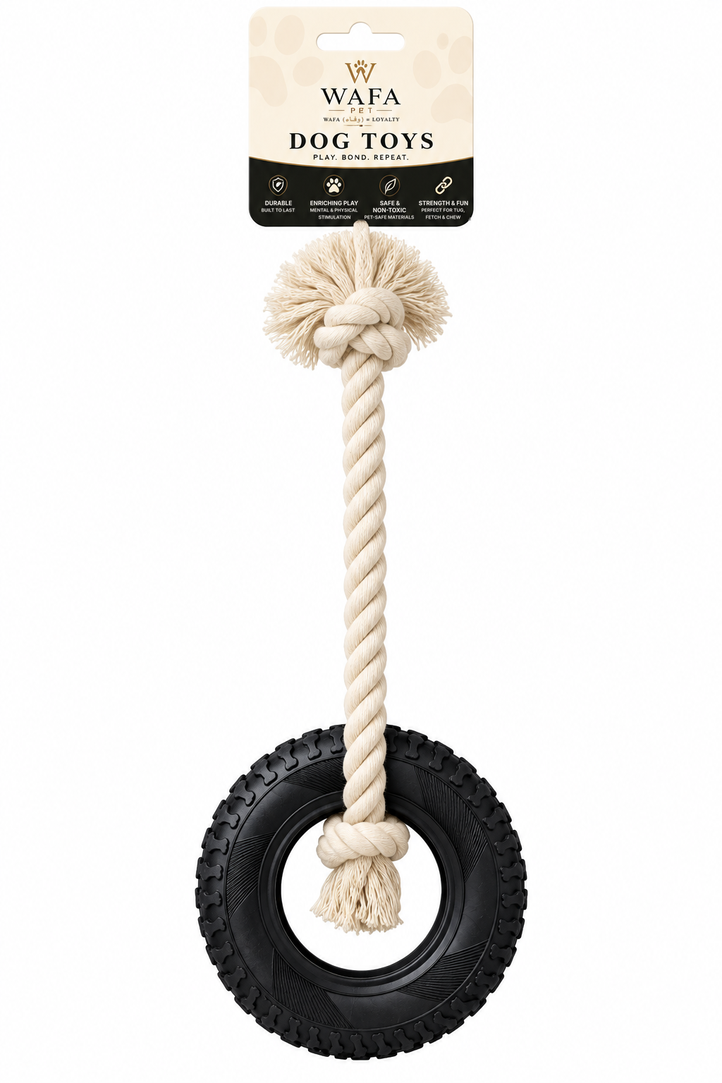 WAFA TPR tire dog toy with cotton rope, 15 inch