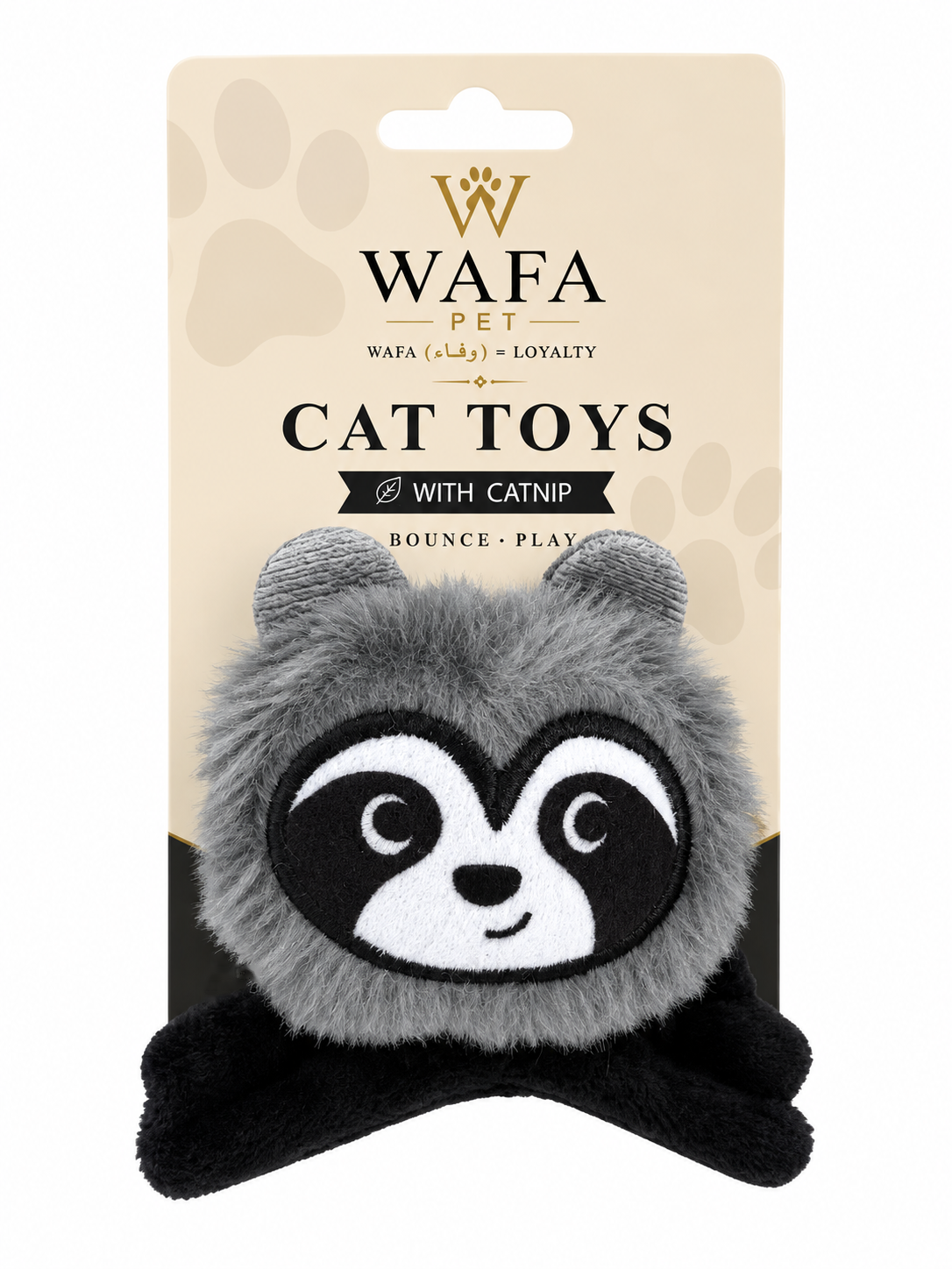 WAFA Raccoon Shaker cat toy with catnip on retail card