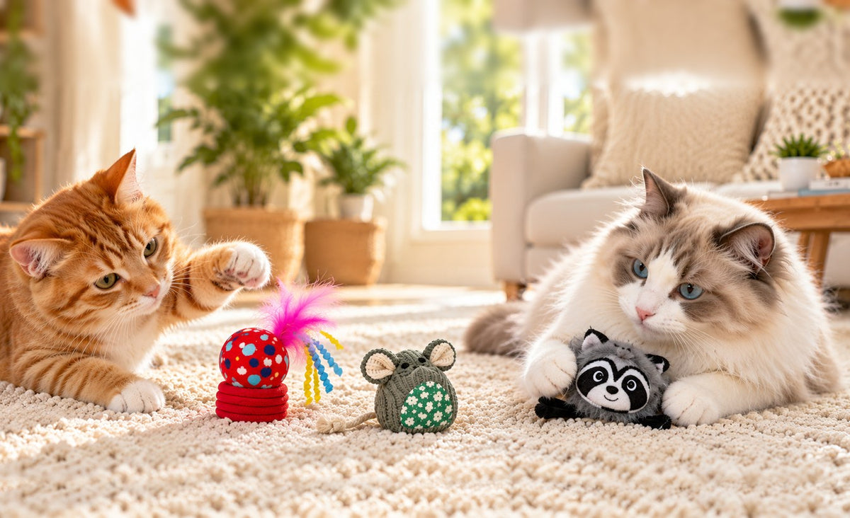 Two cats playing with WAFA cat toys