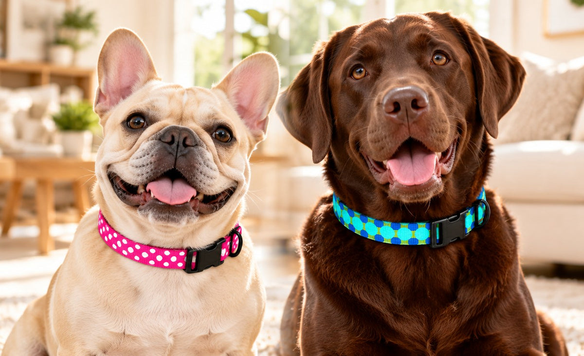 Two dogs wearing colorful WAFA collars