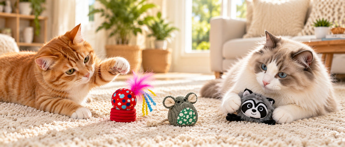 Orange tabby batting a WAFA feather teaser beside a catnip mouse, ragdoll cat cuddling a WAFA raccoon toy