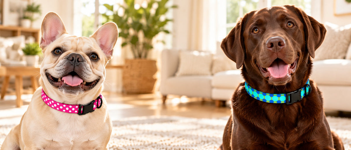 French bulldog in a pink polka-dot WAFA collar and chocolate Labrador in a blue Big Dot WAFA collar