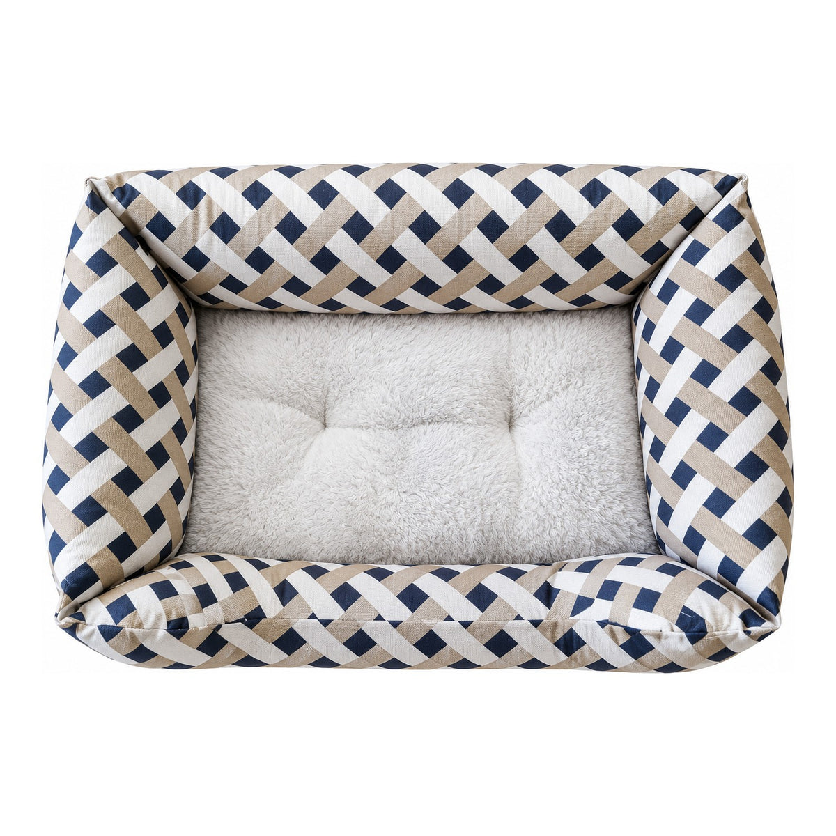 WAFA rectangular pet bed, navy basket-weave pattern, top view