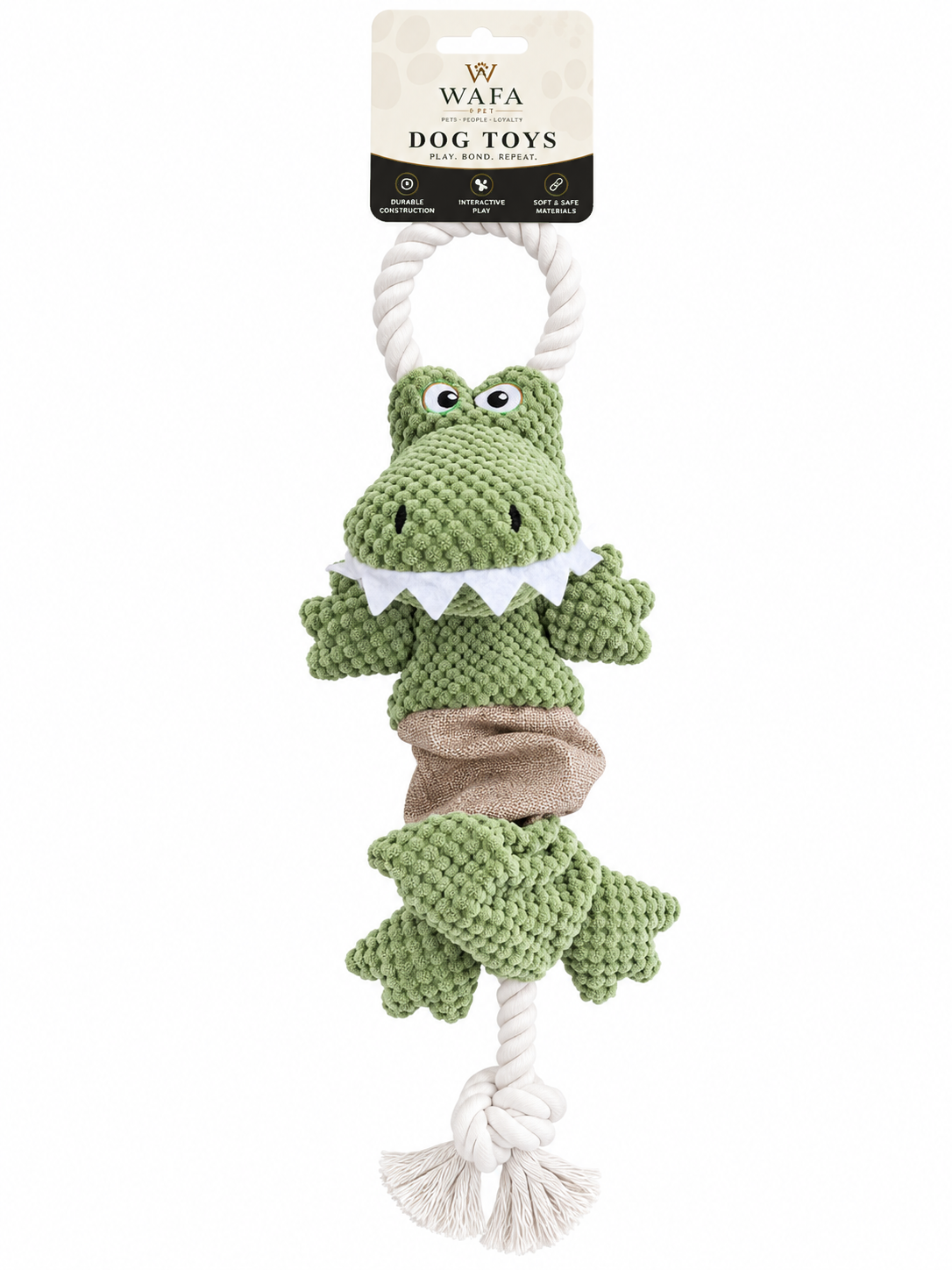 WAFA Crocodile rope plush dog toy, 19 inch, on retail card