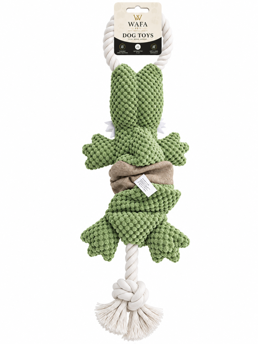 WAFA Crocodile rope plush dog toy, back view