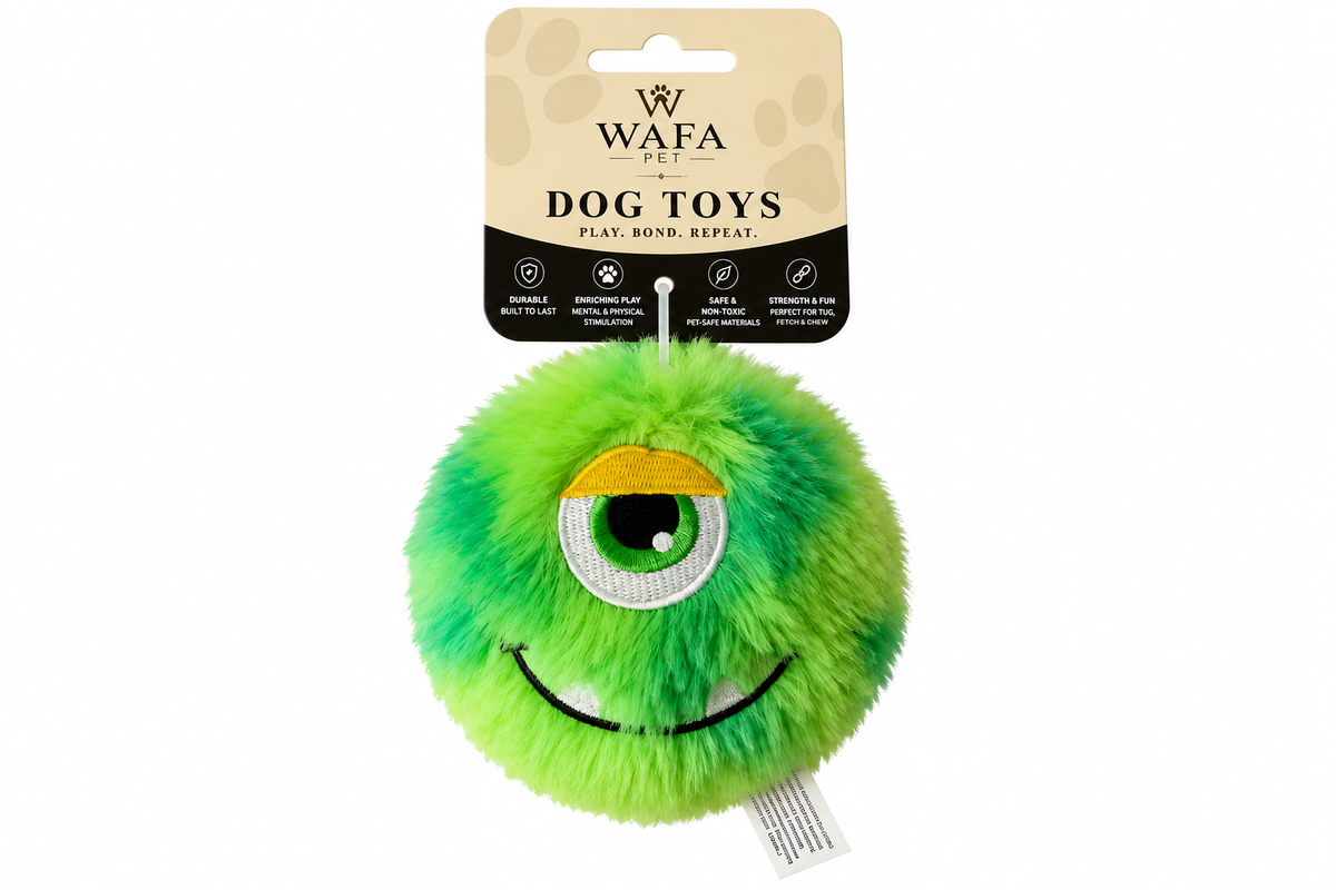 WAFA Monster Ball plush dog toy on retail card