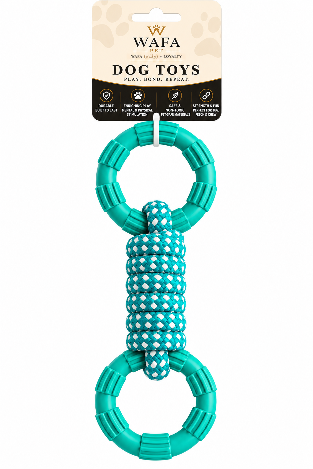WAFA teal rope tug toy with two TPR rings, 9.5 inch, on retail card